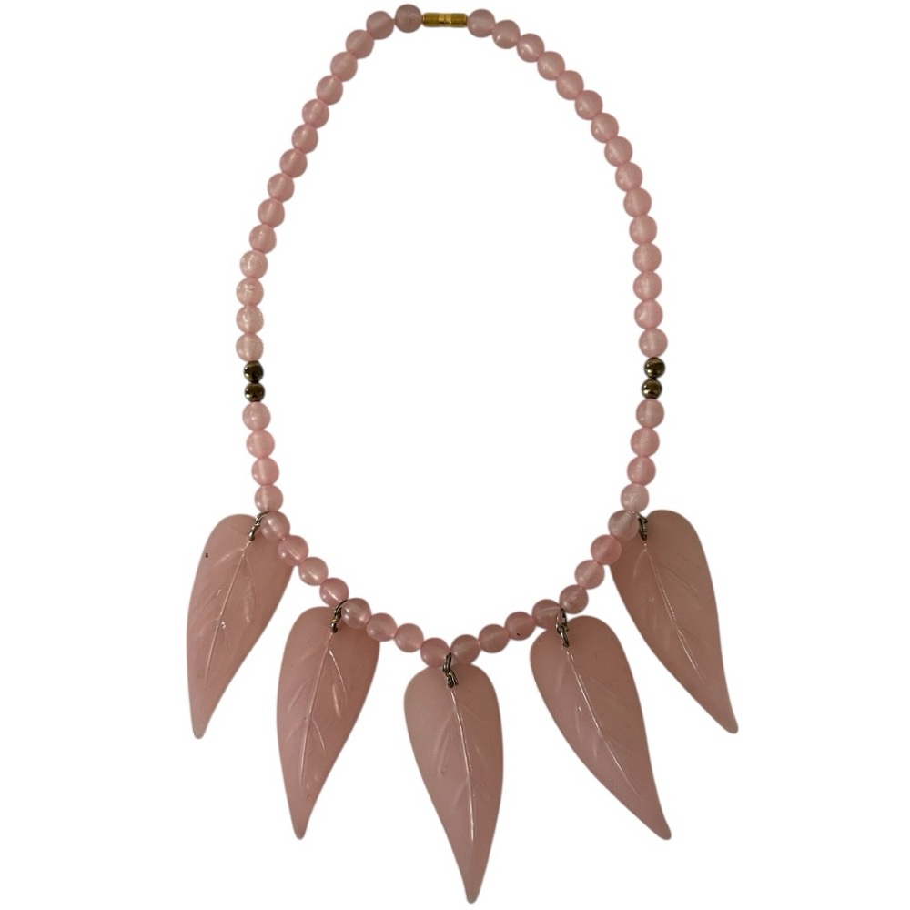 Vintage 80’s Beaded Pink Acrylic or Lucite Leaf Necklace